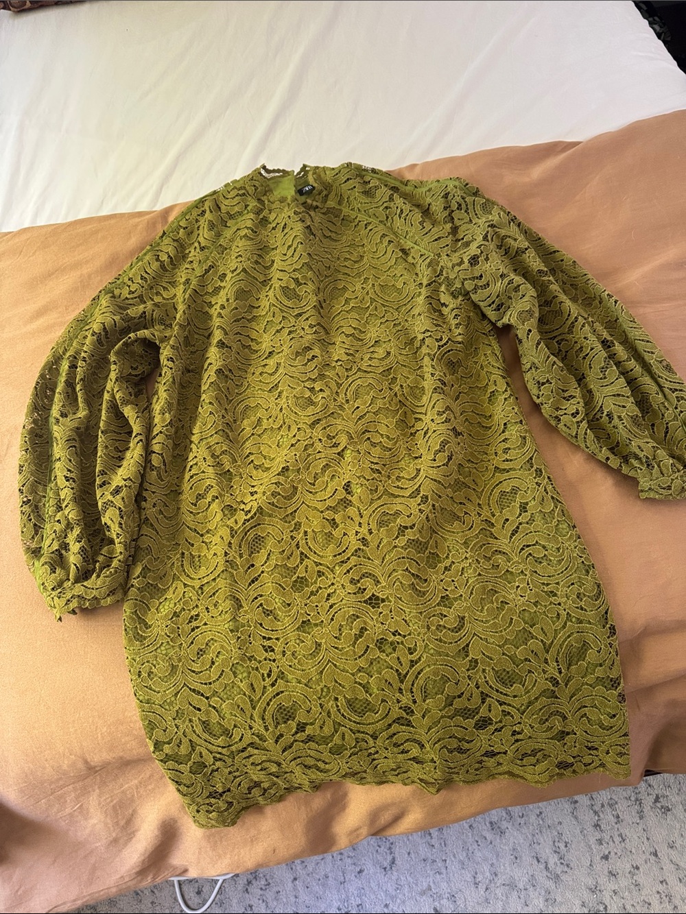 Zara Olive Lace Long-Sleeve Mini Dress